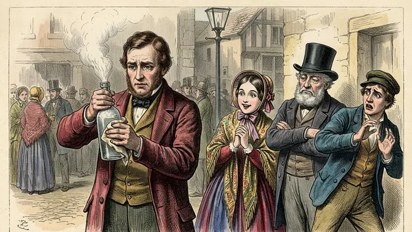 Engraved illustration: a person holds a steaming glass bottle of boiling water while three onlookers stand in a row, showing delight, indifference and fear.