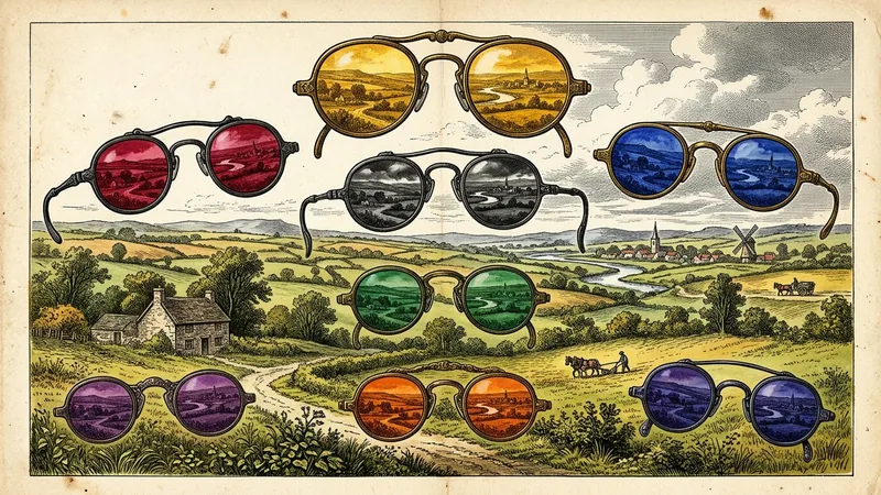 Engraved illustration: antique spectacles floating over a green meadow, each lens tinting the landscape a different colour.