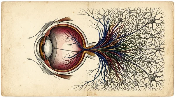 Engraved anatomical plate: a human eye connected by branching, glowing nerve fibres to a web of neurons.