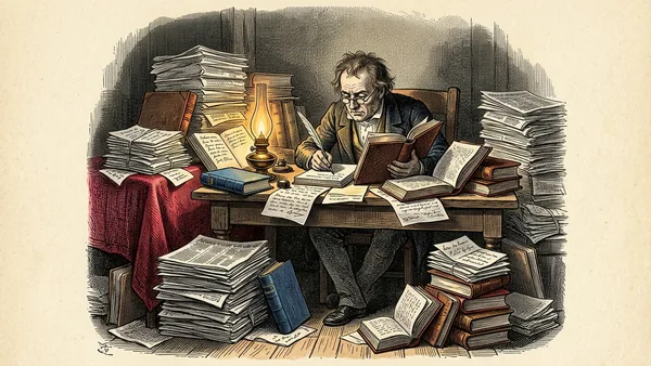 Engraved illustration: a man hunched over a desk at night under a single oil lamp, buried in towering piles of newspapers, letters and open books.