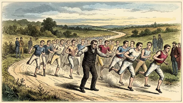 Engraved illustration: a man walking slowly and carefully along a country road while a crowd of runners sprints past him toward the horizon.