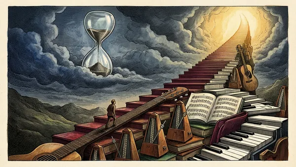Engraved illustration: a tiny climber ascends an immense staircase built of guitar necks, metronomes, music books and piano keys toward a shining summit, under a giant hourglass in the sky.