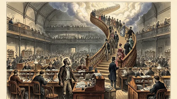 Engraved illustration: a man in a crowded office looks up at an endless staircase of people standing above him, each higher than the last, vanishing into the clouds.