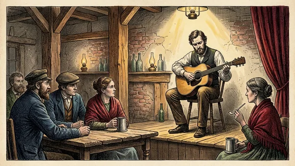 Engraved illustration: a single guitarist playing on a small wooden stage under one narrow spotlight in a cosy tavern, a few listeners at candle-lit tables.