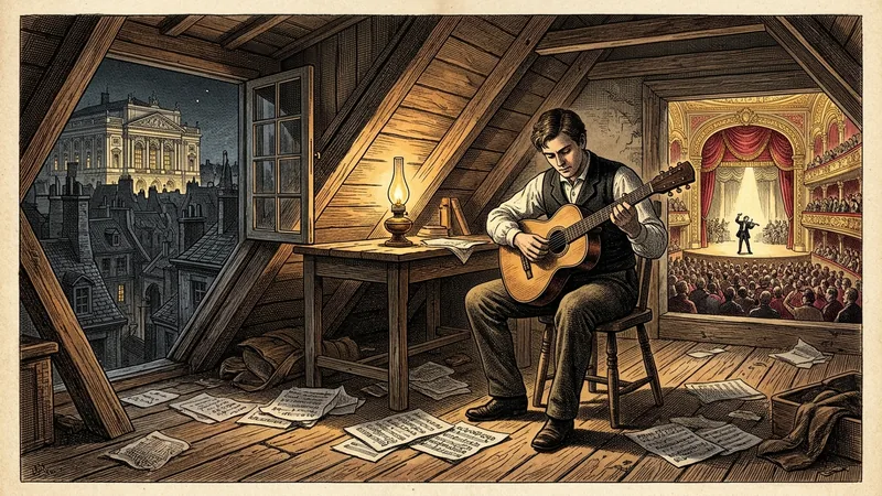 Engraved illustration: a young man practising guitar alone in a lamp-lit attic while, through the window, a distant concert hall glows with a virtuoso performing for a crowd.