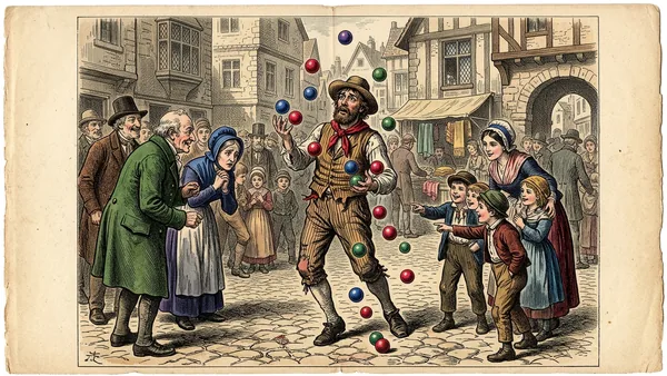 Engraved illustration: a street performer in a town square juggling far too many coloured balls, several slipping and falling at his feet while onlookers watch.